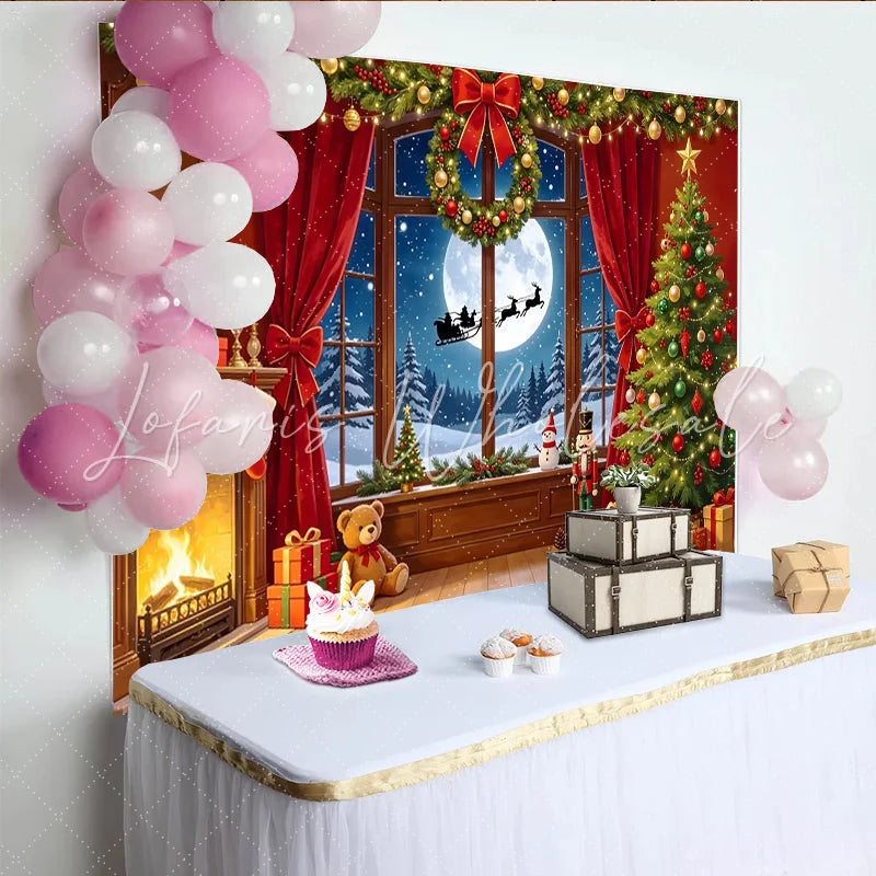 Lofaris Cozy Christmas Room Backdrop with Fireplace and Decorated Tree Magical Winter Night Background for Holiday Party Photoshoot
