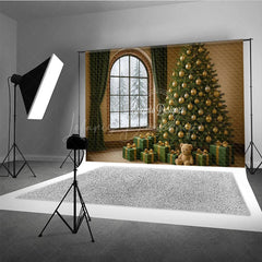 Lofaris Cozy Christmas Room Photography Backdrop Snowy Window with Green and Gold Tree Elegant Holiday Photo Background