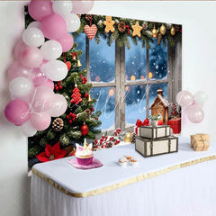 Lofaris Cozy Christmas Tree Window Backdrop with Snow and Gifts Festive Winter Holiday Scene Background for Photography