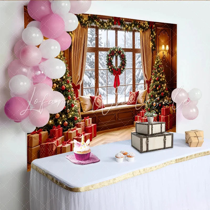 Lofaris Cozy Christmas Window Backdrop with Decorated Trees and Gifts Festive Holiday Background for Winter Photoshoot and Family Decor