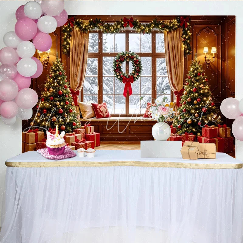 Lofaris Cozy Christmas Window Backdrop with Decorated Trees and Gifts Festive Holiday Background for Winter Photoshoot and Family Decor