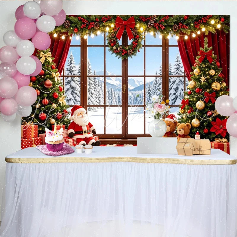 Lofaris Cozy Christmas Window Backdrop with Santa Gifts and Decorated Trees Festive Winter Wonderland Background for Holiday Party