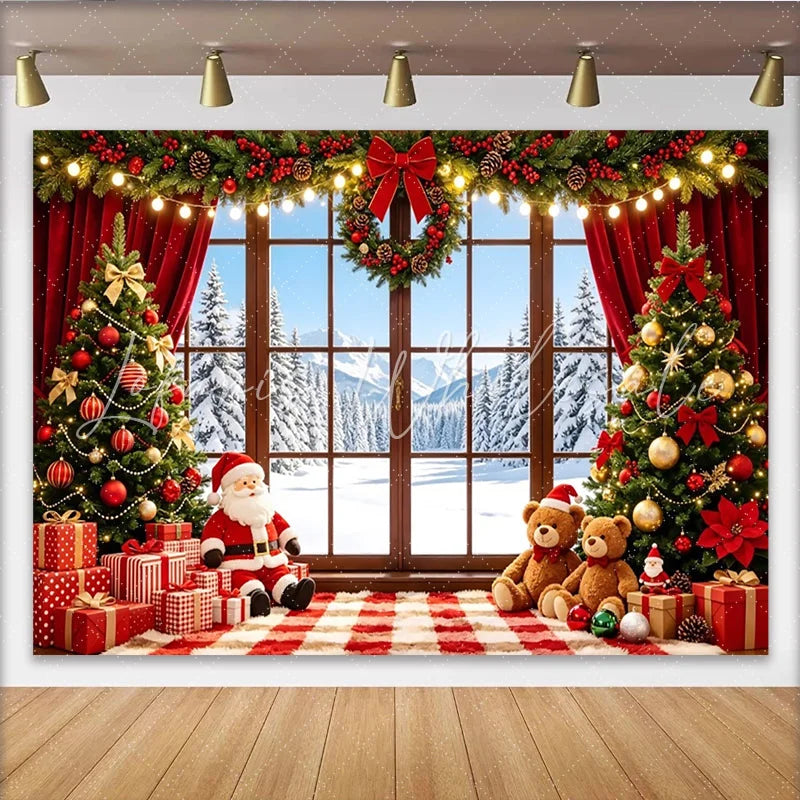 Lofaris Cozy Christmas Window Backdrop with Santa Gifts and Decorated Trees Festive Winter Wonderland Background for Holiday Party