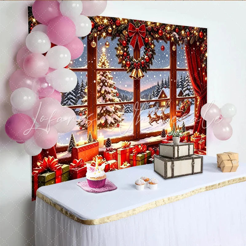 Lofaris Cozy Christmas Window Backdrop with Santa Reindeer and Gifts Snowy Winter Scene Background for Holiday Party Decor