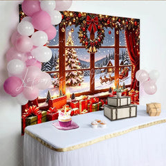 Lofaris Cozy Christmas Window Backdrop with Santa Reindeer and Gifts Snowy Winter Scene Background for Holiday Party Decor