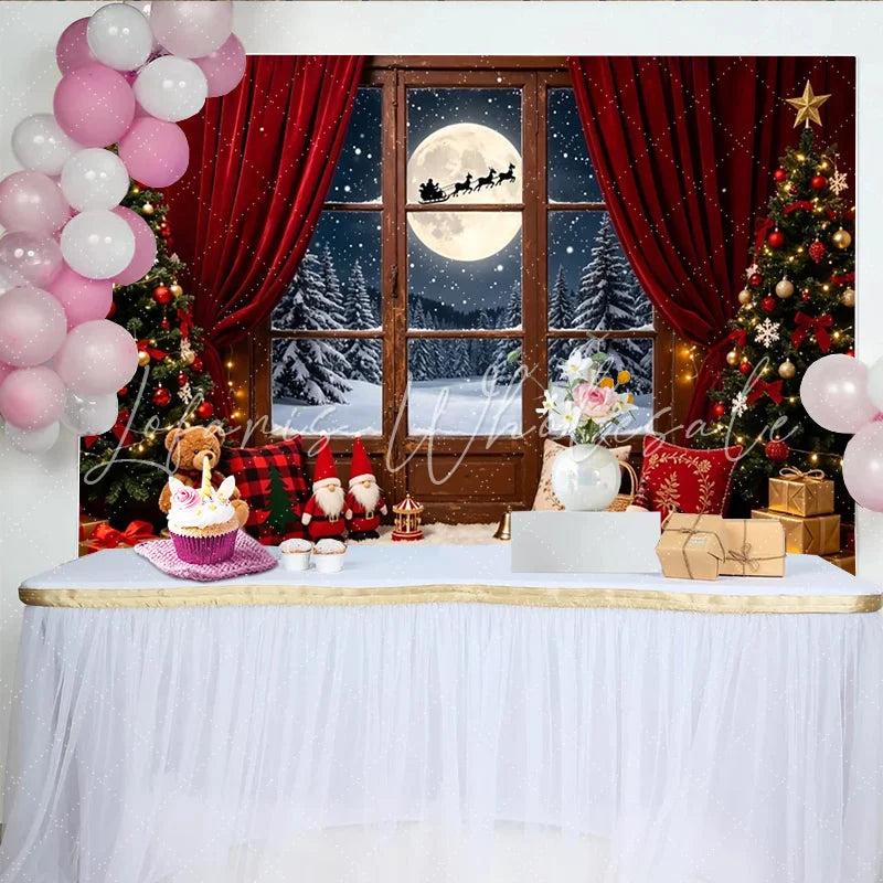 Lofaris Cozy Christmas Window Backdrop with Santa Sleigh and Full Moon Festive Winter Wonderland Background for Holiday Decor