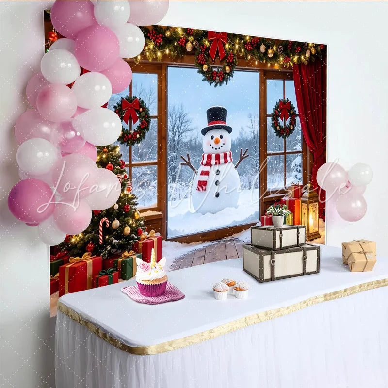Lofaris Cozy Christmas Window Backdrop with Snowman and Decorated Tree Festive Winter Scene Background for Holiday Photography