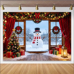 Lofaris Cozy Christmas Window Backdrop with Snowman and Decorated Tree Festive Winter Scene Background for Holiday Photography