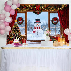 Lofaris Cozy Christmas Window Backdrop with Snowman and Decorated Tree Festive Winter Scene Background for Holiday Photography