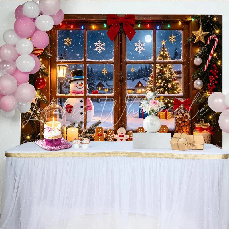 Lofaris Cozy Christmas Window Backdrop with Snowman and Gingerbread Men Festive Winter Scene Background for Holiday Decor