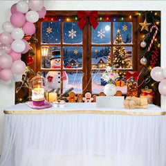 Lofaris Cozy Christmas Window Backdrop with Snowman and Gingerbread Men Festive Winter Scene Background for Holiday Decor