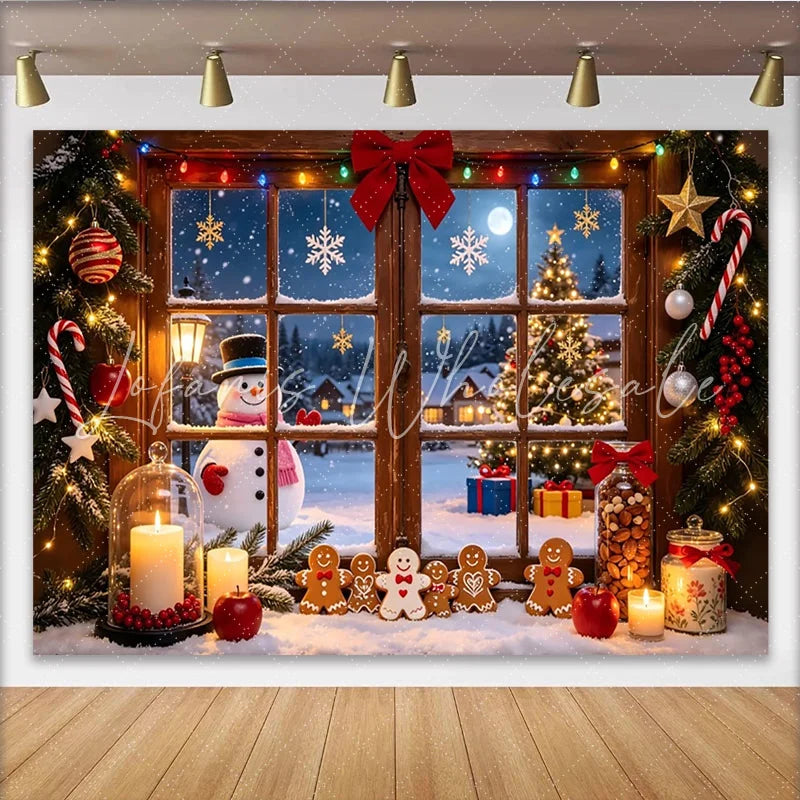 Lofaris Cozy Christmas Window Backdrop with Snowman and Gingerbread Men Festive Winter Scene Background for Holiday Decor