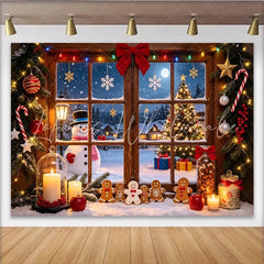 Lofaris Cozy Christmas Window Backdrop with Snowman and Gingerbread Men Festive Winter Scene Background for Holiday Decor