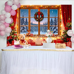 Lofaris Cozy Christmas Window Backdrop with Snowy Forest and Festive Decor Winter Holiday Photography Background for Parties