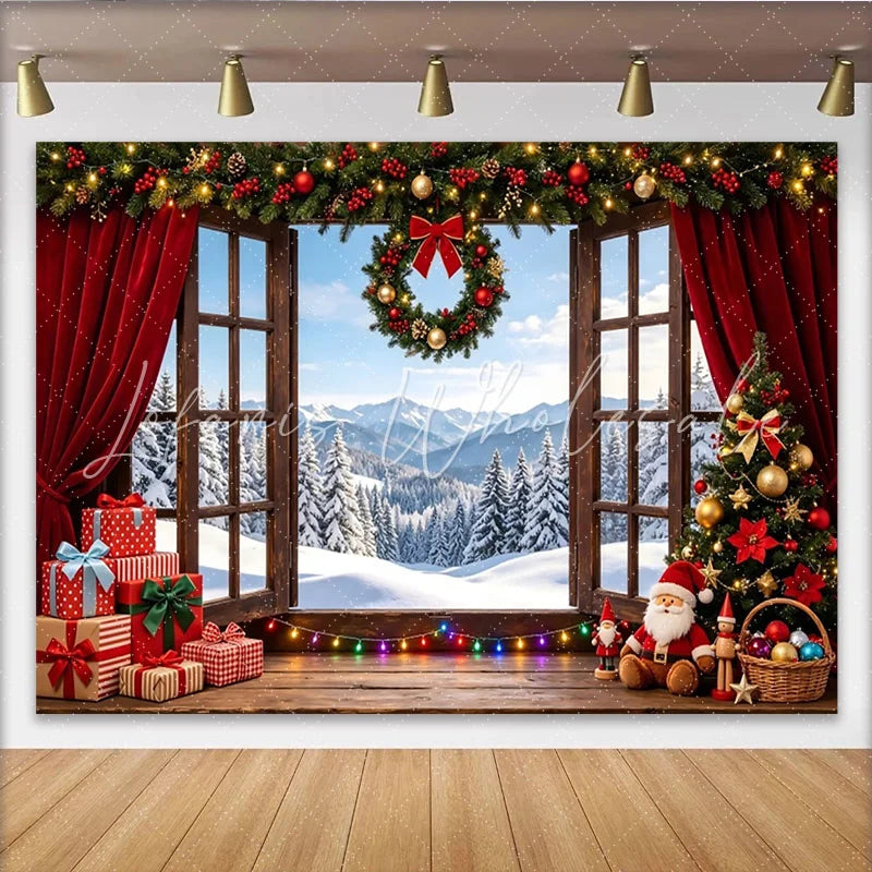 Lofaris Cozy Christmas Window Backdrop with Snowy Mountain View and Gifts Festive Holiday Decor for Winter Photography