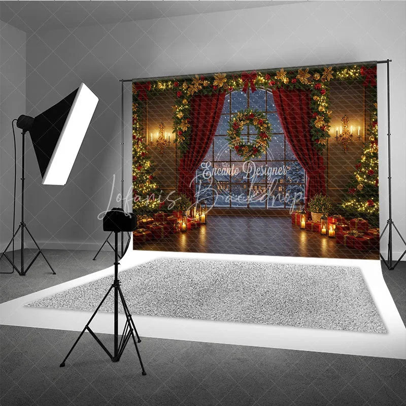 Lofaris Cozy Christmas Window Photography Backdrop Snowy Village View with Red Curtains Holiday Mini Session Background