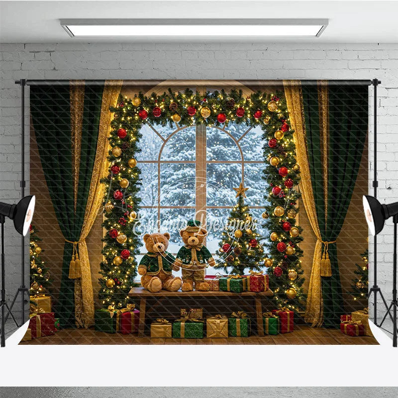 Lofaris Cozy Christmas Window Photography Backdrop Teddy Bears in Snowy Alcove Holiday Mini Session Background