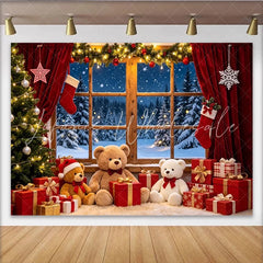 Lofaris Cozy Christmas Window Photography Backdrop with Snowy Forest and Festive Decor Warm Holiday with Teddy Bears and Gifts for Photo