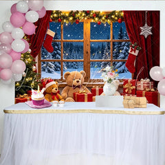 Lofaris Cozy Christmas Window Photography Backdrop with Snowy Forest and Festive Decor Warm Holiday with Teddy Bears and Gifts for Photo