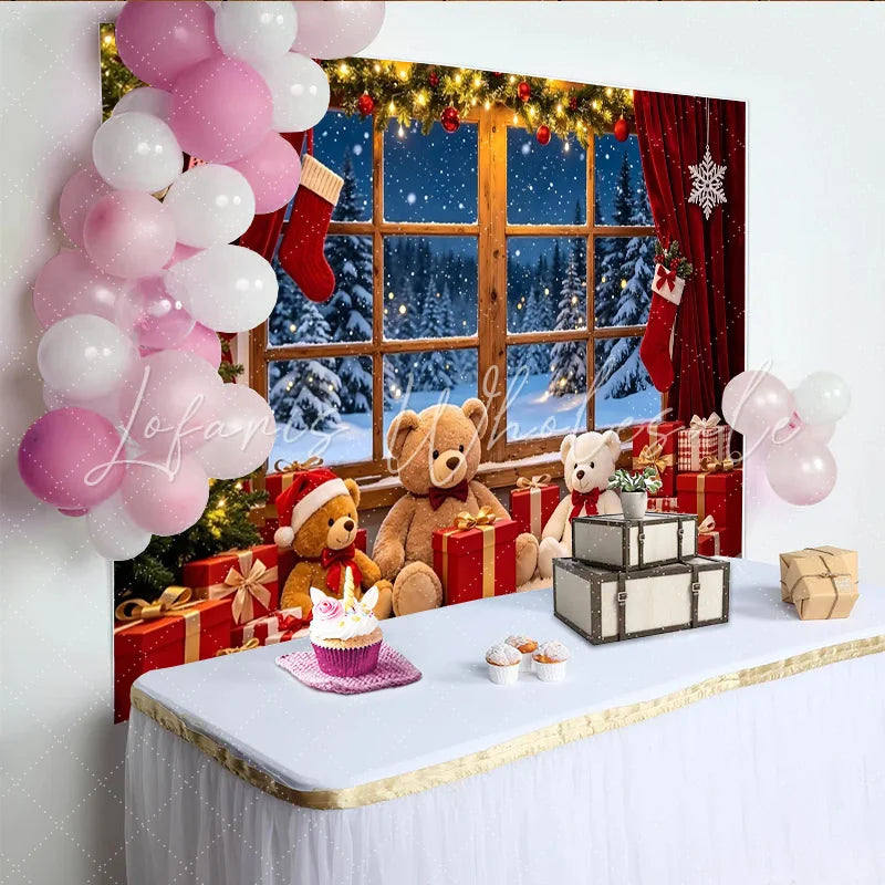 Lofaris Cozy Christmas Window Photography Backdrop with Snowy Forest and Festive Decor Warm Holiday with Teddy Bears and Gifts for Photo