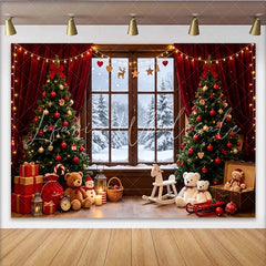 Lofaris Cozy Christmas Window Scene Backdrop with Snowy Trees and Gifts Warm Indoor Photography Background for Family Photoshoot