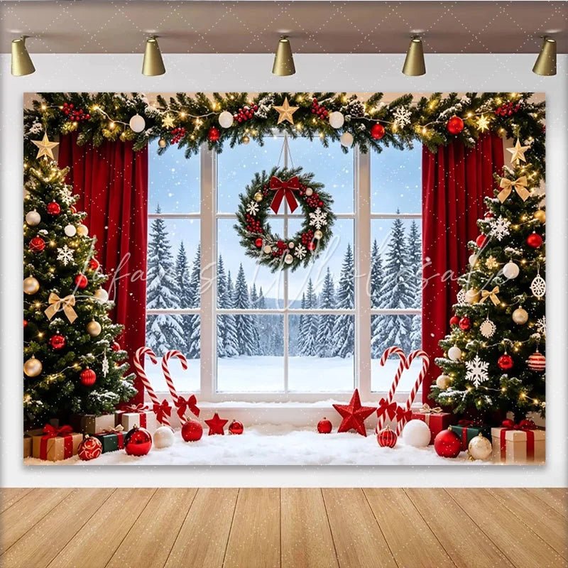 Lofaris Cozy Christmas Window Scene Backdrop with Snowy Winter Landscape Festive Holiday Background for Studio Photography