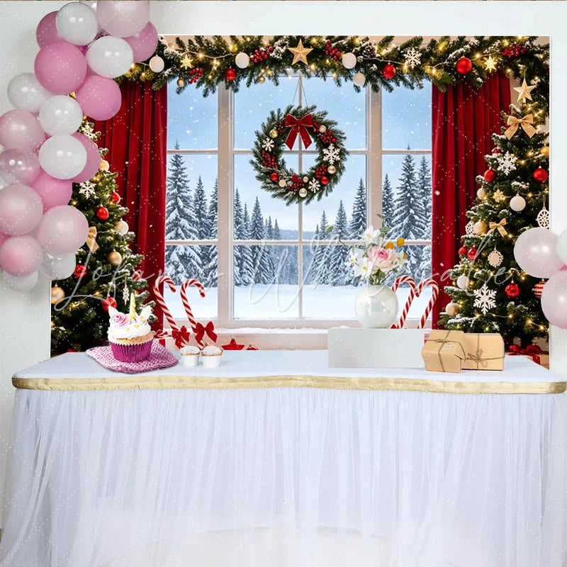 Lofaris Cozy Christmas Window Scene Backdrop with Snowy Winter Landscape Festive Holiday Background for Studio Photography