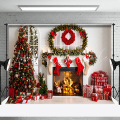 Lofaris Cozy Fireplace Gifts Decorated Trees Xmas Backdrop