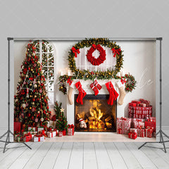 Lofaris Cozy Fireplace Gifts Decorated Trees Xmas Backdrop