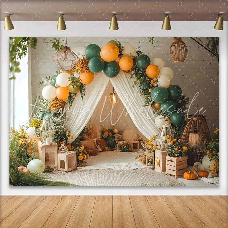 Lofaris Cozy Green and Orange Balloon Birthday Cake Smash Backdrop Rustic Tent and Floral Photo Prop Decor