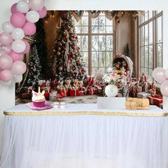 Lofaris Cozy Living Room Christmas Tree Photography Backdrop Vintage Teddy Bear Carriage Holiday Party Background