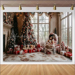 Lofaris Cozy Living Room Christmas Tree Photography Backdrop Vintage Teddy Bear Carriage Holiday Party Background