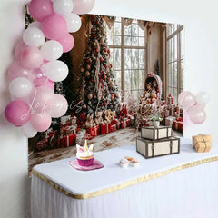 Lofaris Cozy Living Room Christmas Tree Photography Backdrop Vintage Teddy Bear Carriage Holiday Party Background