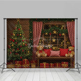 Lofaris Cozy Rustic Christmas Photography Backdrop Wood Wall with Teddy Bears and Tree Holiday Mini Session Background