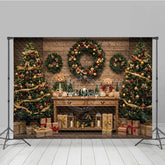Lofaris Cozy Rustic Christmas Photography Backdrop Wood Wall with Teddy Bears and Trees Farmhouse Holiday Background