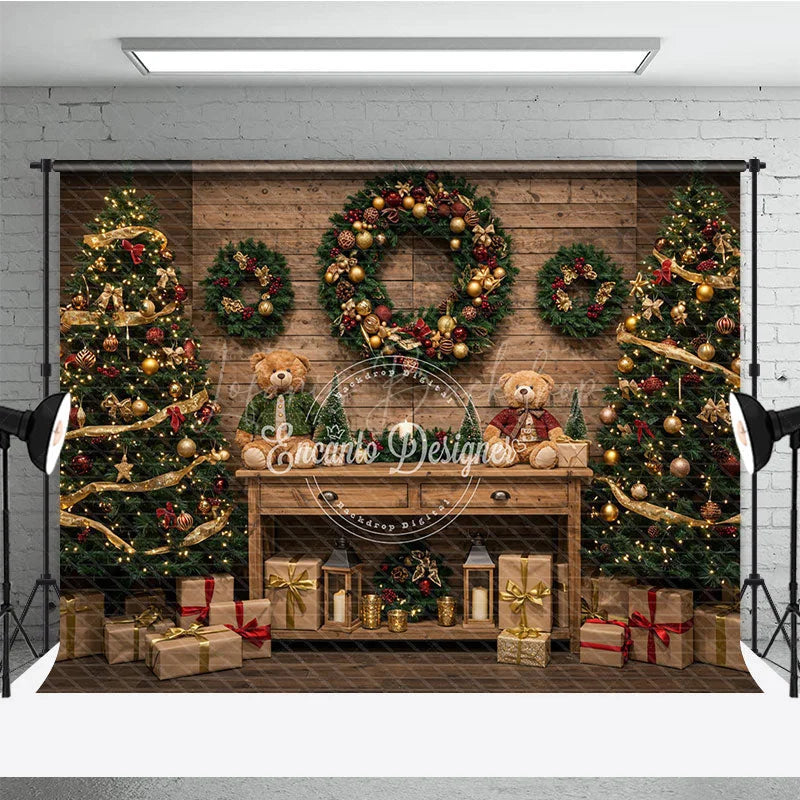 Lofaris Cozy Rustic Christmas Photography Backdrop Wood Wall with Teddy Bears and Trees Farmhouse Holiday Background
