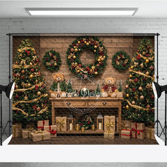 Lofaris Cozy Rustic Christmas Photography Backdrop Wood Wall with Teddy Bears and Trees Farmhouse Holiday Background