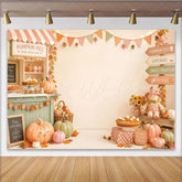 Lofaris Cozy Thanksgiving Fall Harvest Backdrop with Pumpkin Pies and Sweet Treats Charming Scarecrow Photo Background for Autumn Party