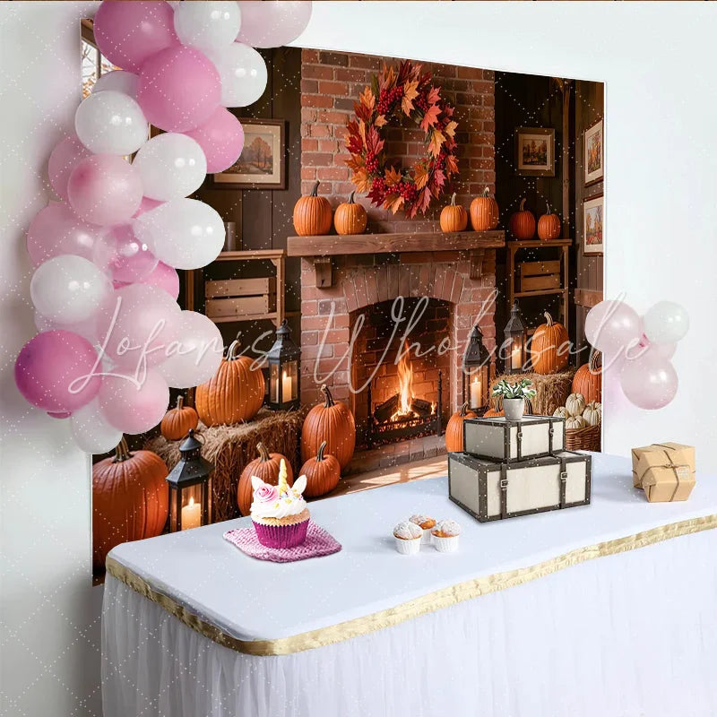 Lofaris Cozy Thanksgiving Holiday Backdrop with Brick Fireplace Pumpkins and Fall Wreath Rustic Autumn Harvest Background for Party Decor