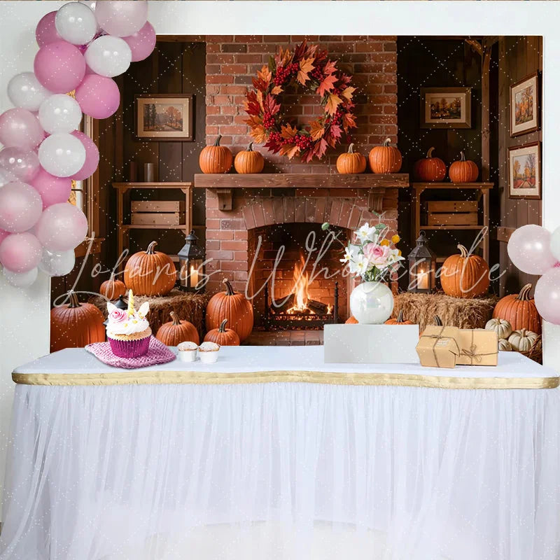 Lofaris Cozy Thanksgiving Holiday Backdrop with Brick Fireplace Pumpkins and Fall Wreath Rustic Autumn Harvest Background for Party Decor
