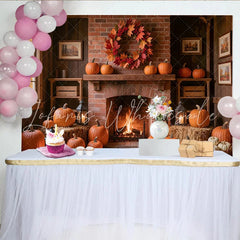 Lofaris Cozy Thanksgiving Holiday Backdrop with Brick Fireplace Pumpkins and Fall Wreath Rustic Autumn Harvest Background for Party Decor
