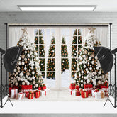 Lofaris Cozy White Room Window Snow Christmas Tree Backdrop
