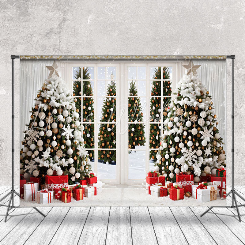 Lofaris Cozy White Room Window Snow Christmas Tree Backdrop