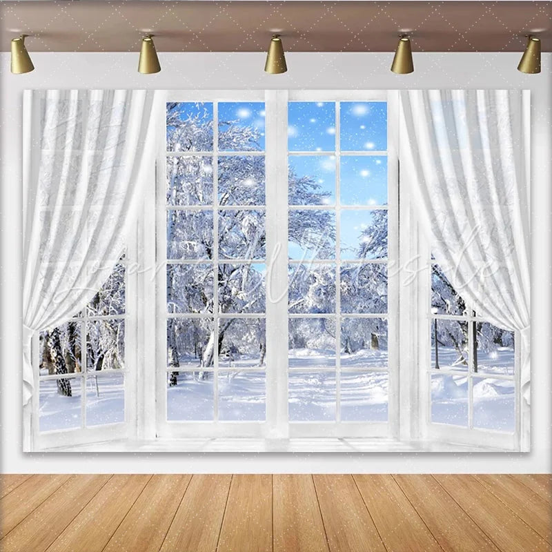 Lofaris Cozy Winter Window Photography Backdrop with Snowy Trees and Falling Snow Scenic Studio Background for Holiday Photoshoot