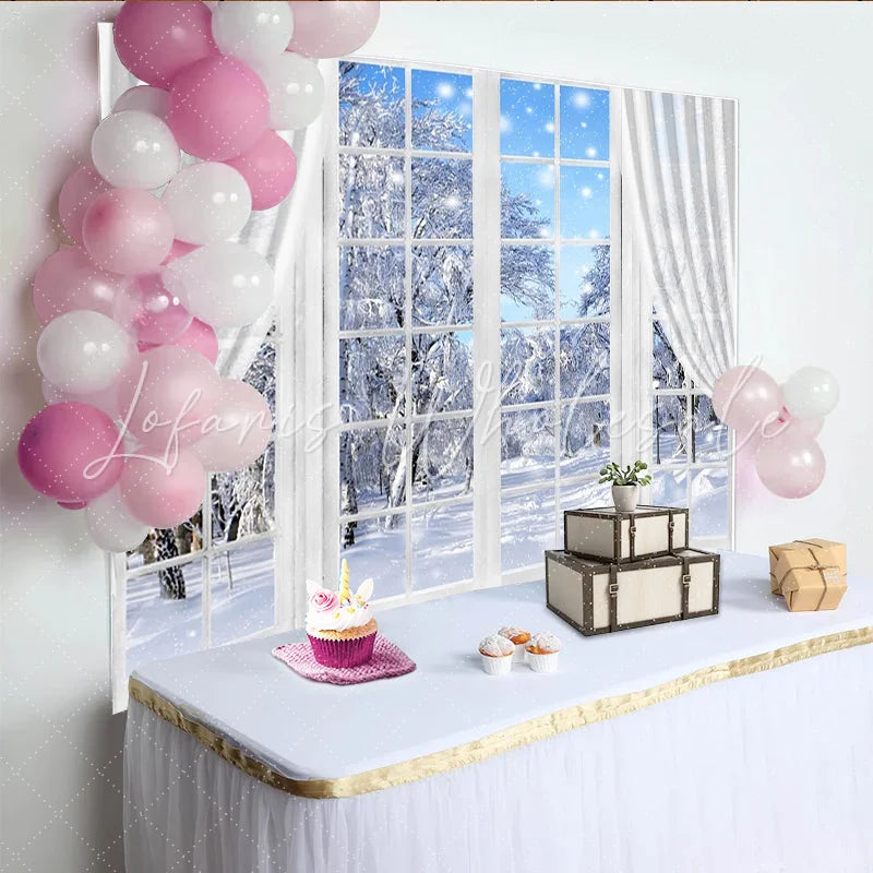 Lofaris Cozy Winter Window Photography Backdrop with Snowy Trees and Falling Snow Scenic Studio Background for Holiday Photoshoot