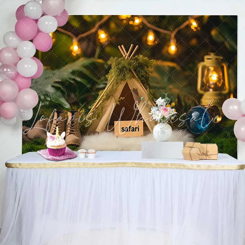 Lofaris Cozy Woodland Safari Birthday Cake Smash Backdrop featuring a Mossy Teepee Lantern and Boots