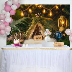Lofaris Cozy Woodland Safari Birthday Cake Smash Backdrop featuring a Mossy Teepee Lantern and Boots