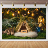Lofaris Cozy Woodland Safari Birthday Cake Smash Backdrop featuring a Mossy Teepee Lantern and Boots