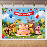 Lofaris Cute Animal Birthday Backdrop with Pink Cake and Balloons Vibrant Party Decor for Children’s Photoshoot and Celebration