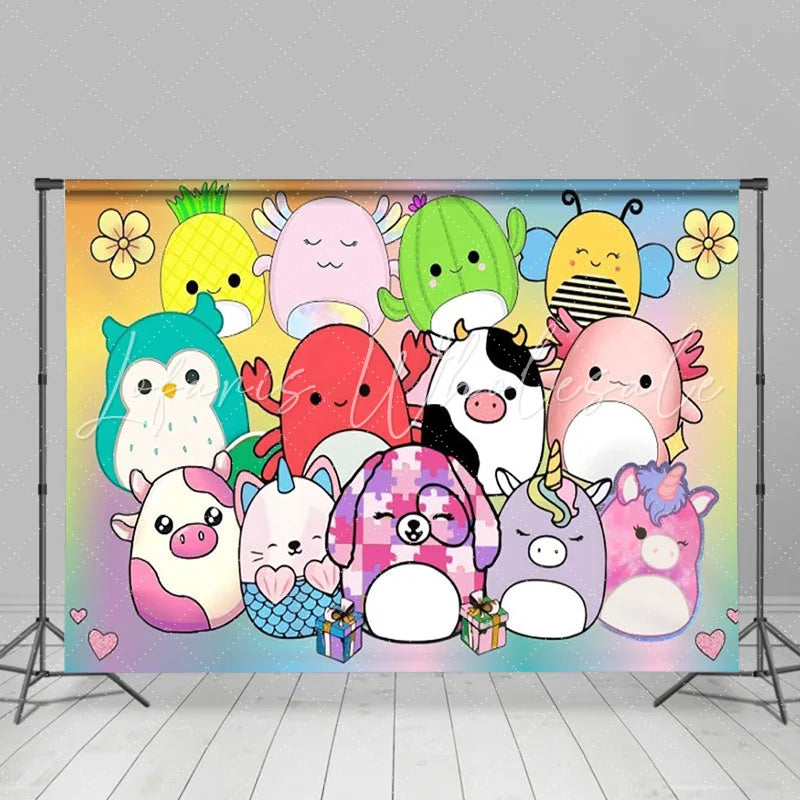 Lofaris Cute Animal Toys Birthday Backdrop Fruit and Plant Plushies Rainbow Gradient Party Photo Booth Props